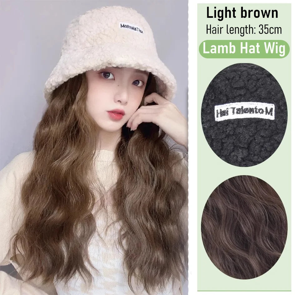 Synthetic 50cm winter cold resistant wig hat with long straight hair and long curly hair black/white hat with lambhair Christmas