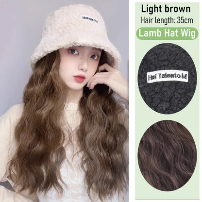 Synthetic 50cm winter cold resistant wig hat with long straight hair and long curly hair black/white hat with lambhair Christmas
