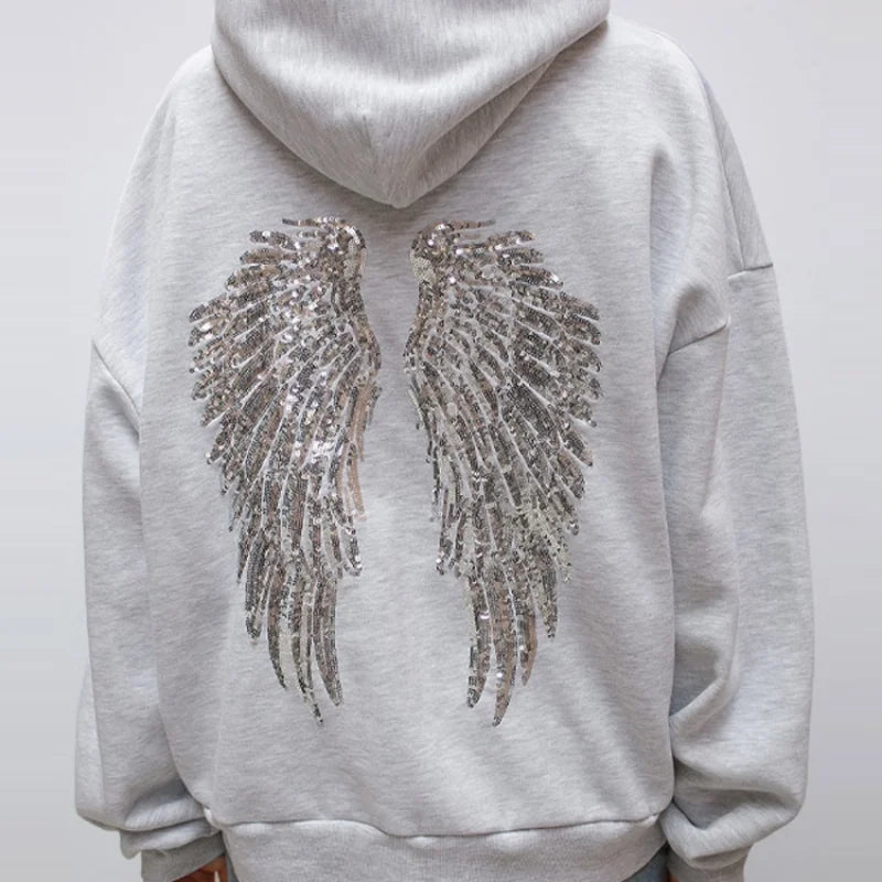 Women's Shinny Sequin Angel Wings Hooded Jacket Pant Long Sleeve Loose Casual Hooded Pullover 2025 New Lady Y2K Autumn Outwears
