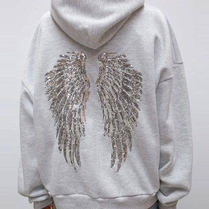 Women's Shinny Sequin Angel Wings Hooded Jacket Pant Long Sleeve Loose Casual Hooded Pullover 2025 New Lady Y2K Autumn Outwears