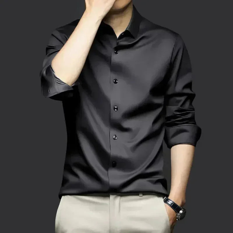 S-6XL Men's Long Sleeve Shirt Luxury Wrinkle Resistant Pure White Shirt Business Dress Casual Ice Silk Glossy Shirt
