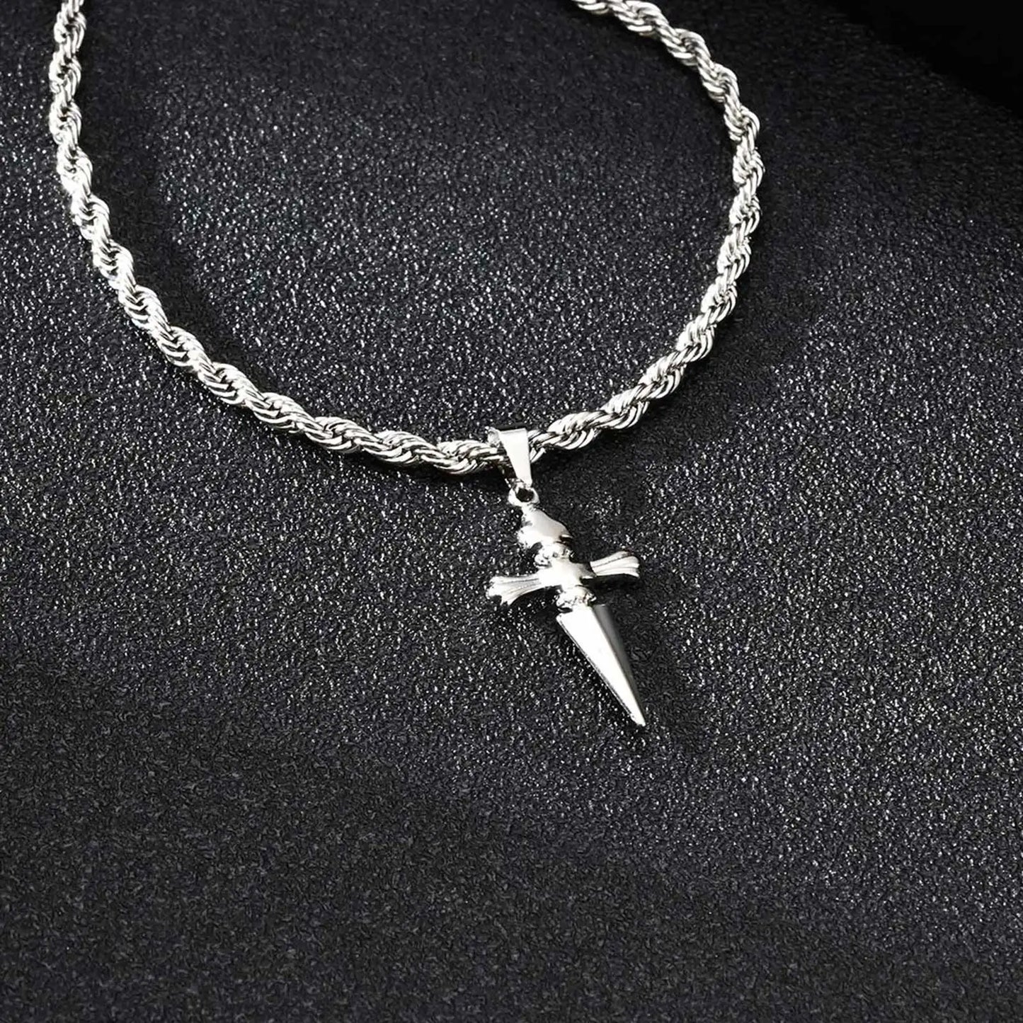 Cool Punk Sword Cross Pendant Necklace for Men Stainless Steel Twist Chain Necklace Fashion Casual Style Jewelry