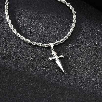 Cool Punk Sword Cross Pendant Necklace for Men Stainless Steel Twist Chain Necklace Fashion Casual Style Jewelry