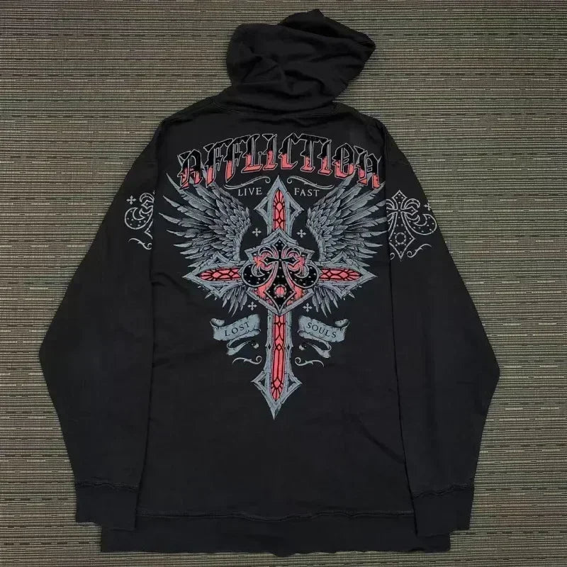 Affliction Fashion Hoodie Street Gothic Skull Oversize Zipper Hoodie Men Women Hip Hop Casual Sweatshirt Personality Hoodie Y2K