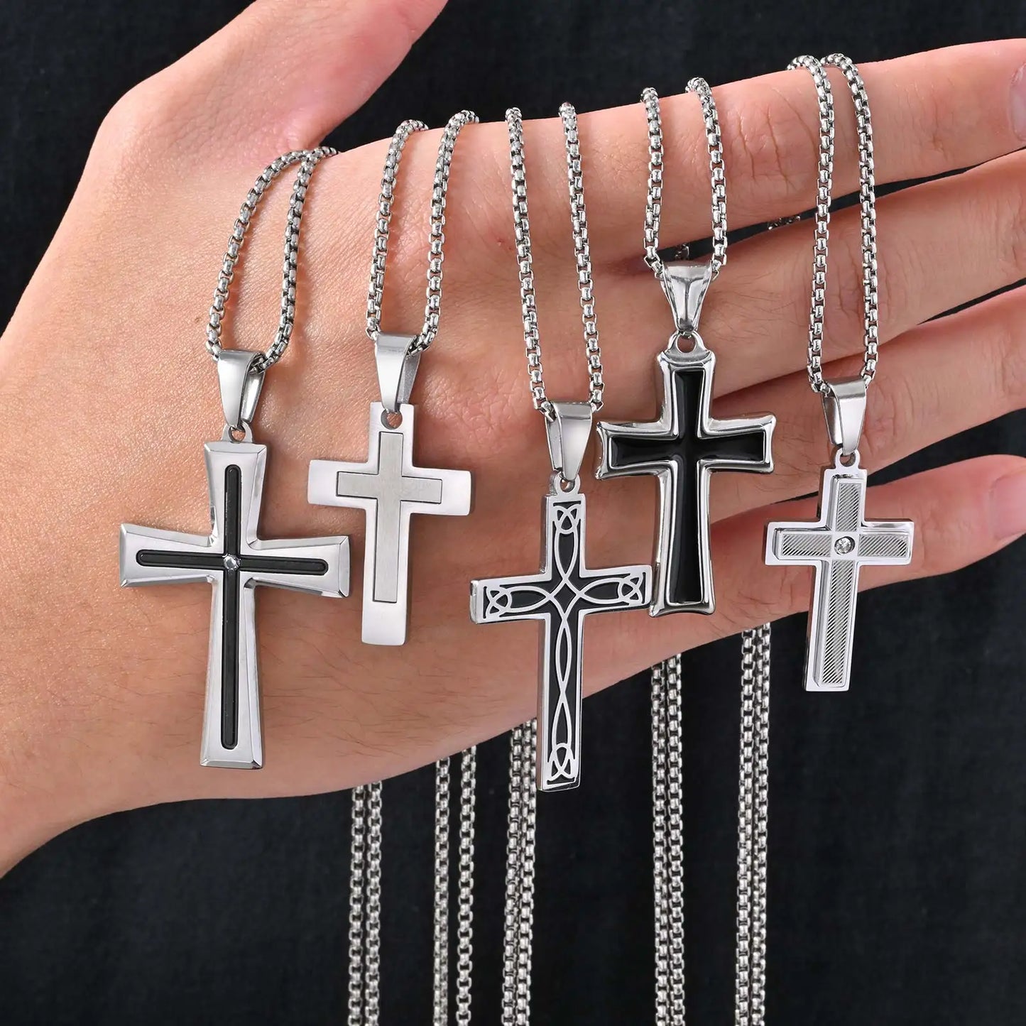 Basic Punk Cross Necklace for Men Boys,Stainless Steel Silver Color Cross Pendant Necklace,Christian Religious Jewelry Gift