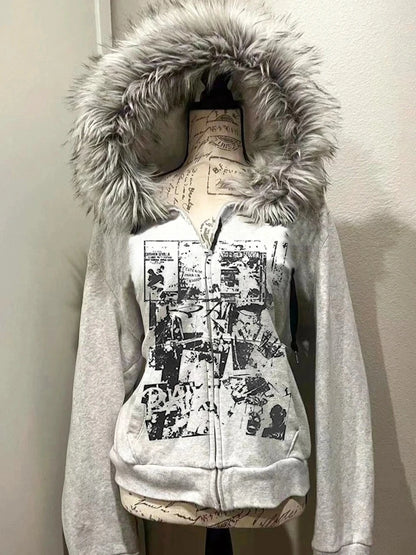 Subculture Gothic Women Coats with Hoodies Vintage Korean Harajuku Black Jackets Faux Fur Coat Female Loose Casual Sweatshirt