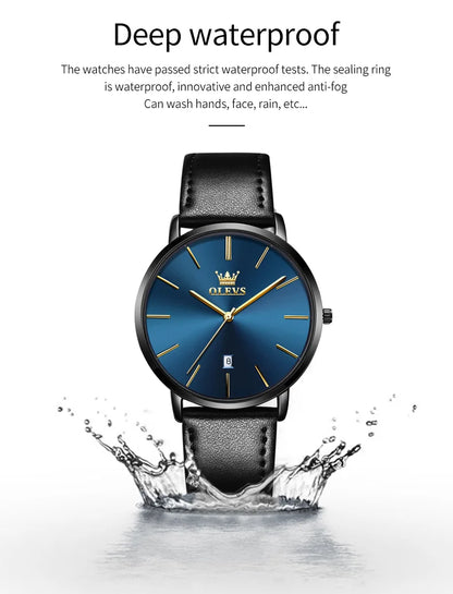 Top Brand OLEVS Ultra Thin 6.5mm Minimalist Fashion Quartz Watch for Men Leather Strap Auto Date Male Waterproof Mens Wristwatch