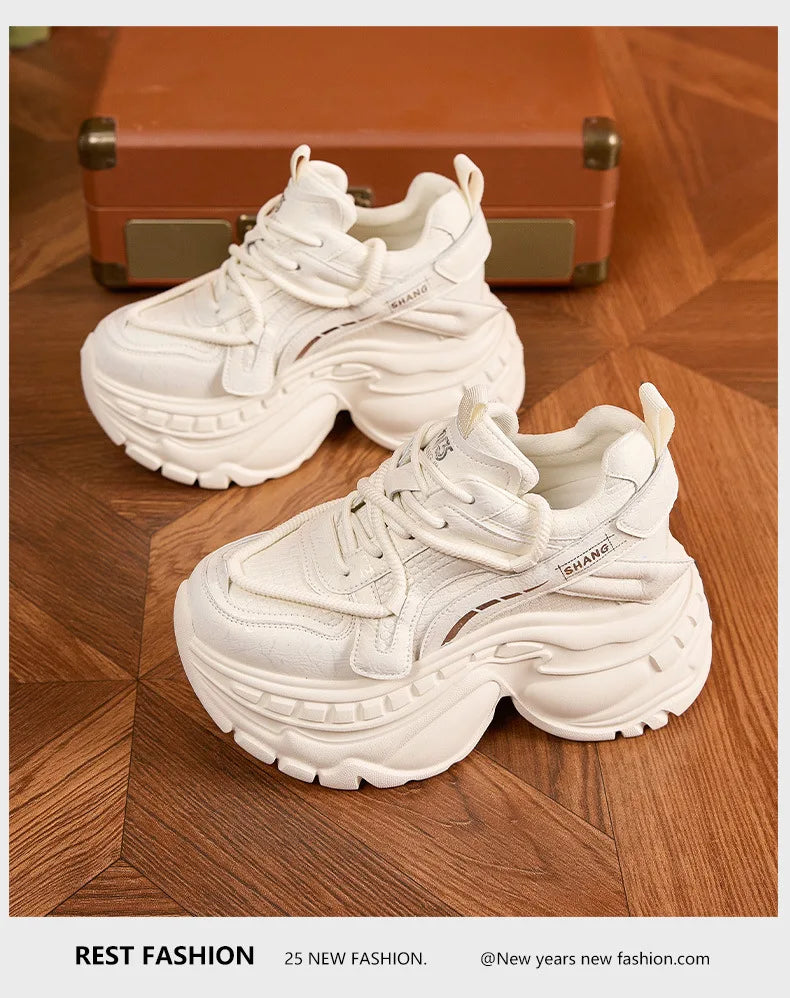 9cm Genuine Leather Chunky Sneakers for Women Fashion Sneakers Walking Shoes Platform Heel Sneakers Women Casual Shoes