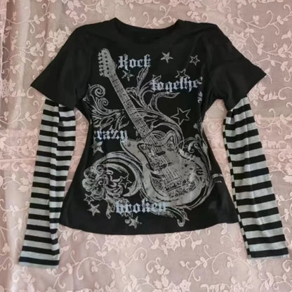 American Subculture Punk Print T-shirt Harajuku Striped Patchwork Tshirts Retro Y2K Gothic Tee Hip-hop Hottie Fake Two-piece Top