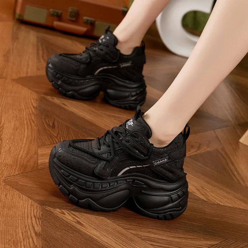 9cm Genuine Leather Chunky Sneakers for Women Fashion Sneakers Walking Shoes Platform Heel Sneakers Women Casual Shoes