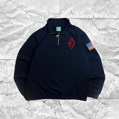 Russia Retro Y2K Harajuku Embroidery Pullover Quarterzip Stand Collar Polo Shirt Sweatshirt Casual Men Clotheing