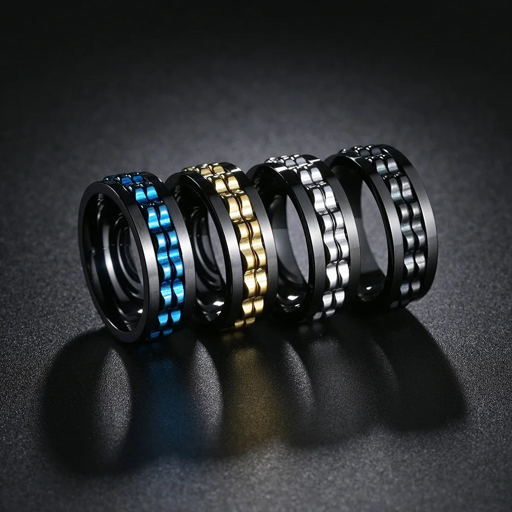 Fashion Punk Style Gear Rotating Anxiety Fidget Ring Titanium Steel Chain Spinner Rings For Men Rock Biker Wedding Party Jewelry