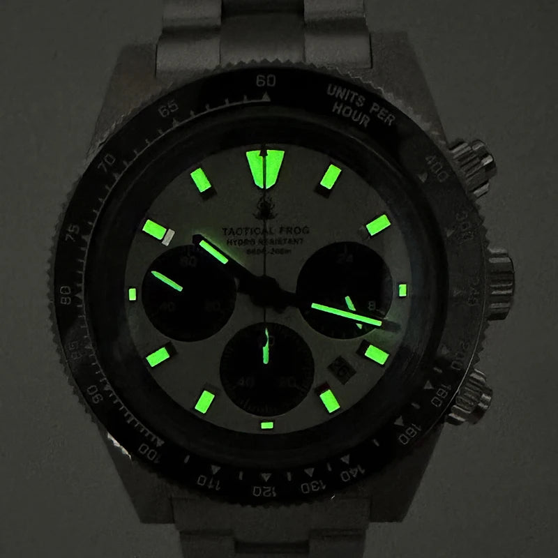 Tactical Frog 41mm Men's Chronograph Watch VS75 Solar Quartz Movement Waterproof Sapphire Green C3 Luminous Quartz Wristwatch