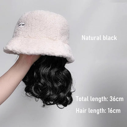 Synthetic 50cm winter cold resistant wig hat with long straight hair and long curly hair black/white hat with lambhair Christmas