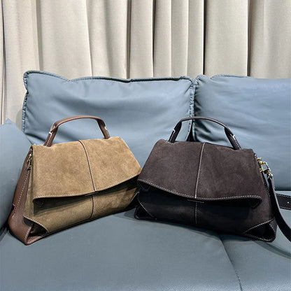 Women Frosted Handbag High-end Suede Flap French Shoulder Bag Luxury Trapezoidal House Shape Bag Messenger Bag Commuter Tote Bag