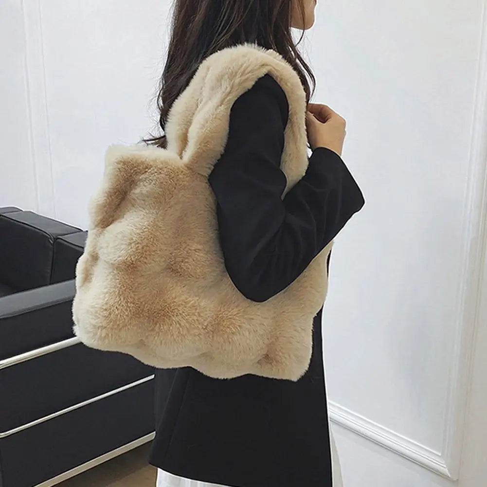 Women Plush Shoulder Bag Fluffy Handbag Large Capacity Casual Commuting Bag Furry Carrying Bag Soft Shopper Bag