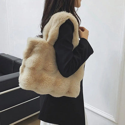 Women Plush Shoulder Bag Fluffy Handbag Large Capacity Casual Commuting Bag Furry Carrying Bag Soft Shopper Bag