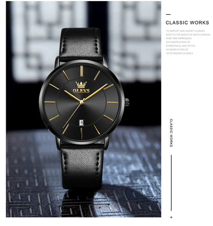 Top Brand OLEVS Ultra Thin 6.5mm Minimalist Fashion Quartz Watch for Men Leather Strap Auto Date Male Waterproof Mens Wristwatch
