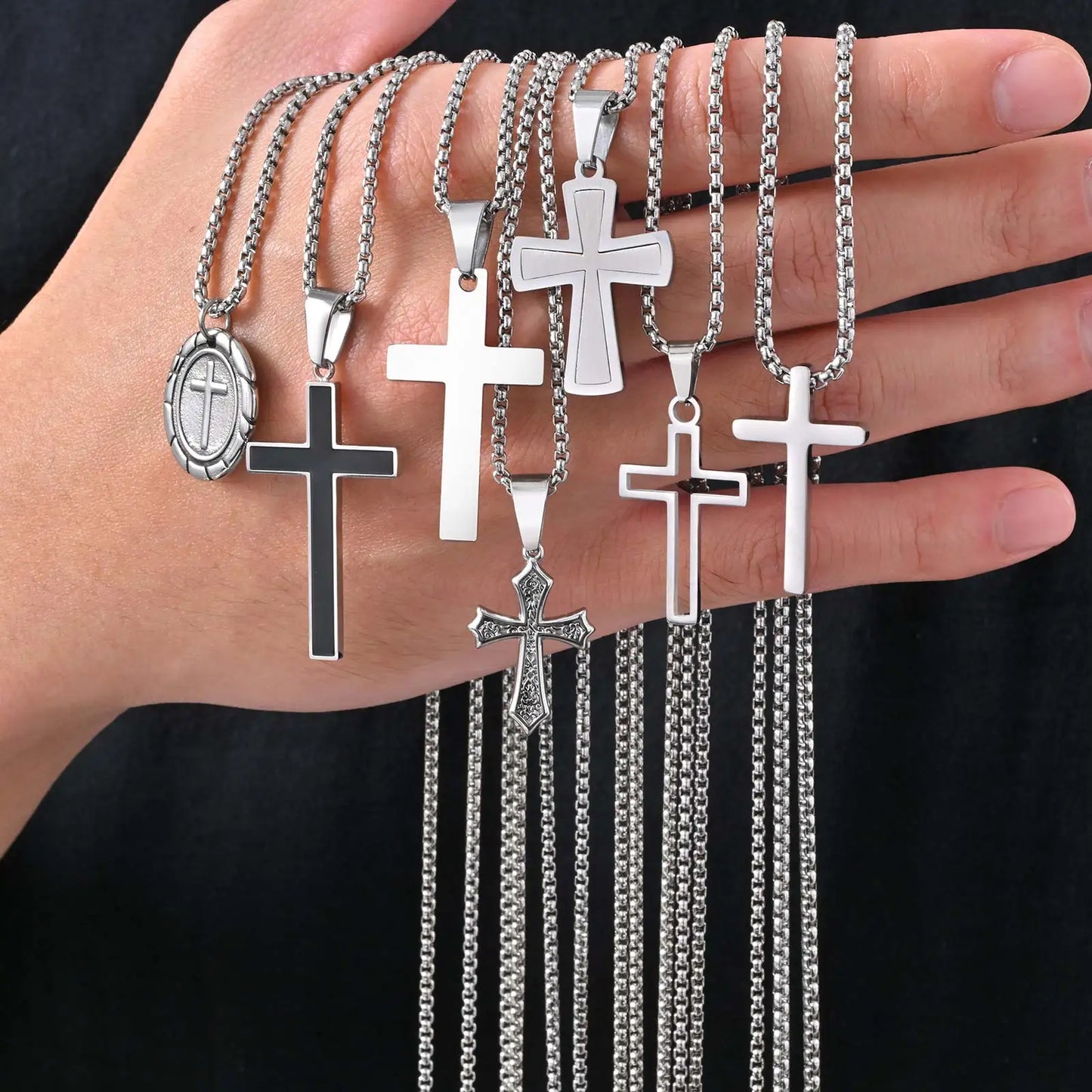Basic Punk Cross Necklace for Men Boys,Stainless Steel Silver Color Cross Pendant Necklace,Christian Religious Jewelry Gift