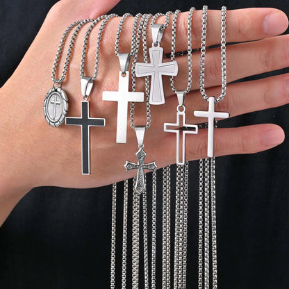 Basic Punk Cross Necklace for Men Boys,Stainless Steel Silver Color Cross Pendant Necklace,Christian Religious Jewelry Gift