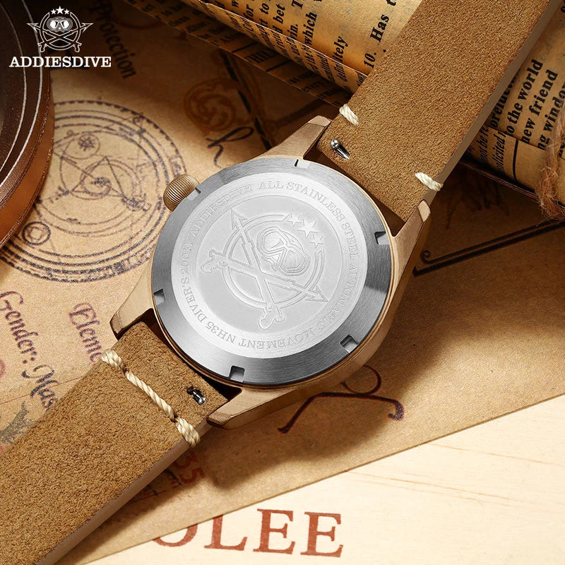ADDIESDIVE 39mm Vintage CuSn8 Bronze Diver 200m Men's Watch Bubble mirror sapphire glass Automatic Mechanical Leather Strap