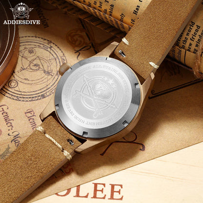 ADDIESDIVE 39mm Vintage CuSn8 Bronze Diver 200m Men's Watch Bubble mirror sapphire glass Automatic Mechanical Leather Strap