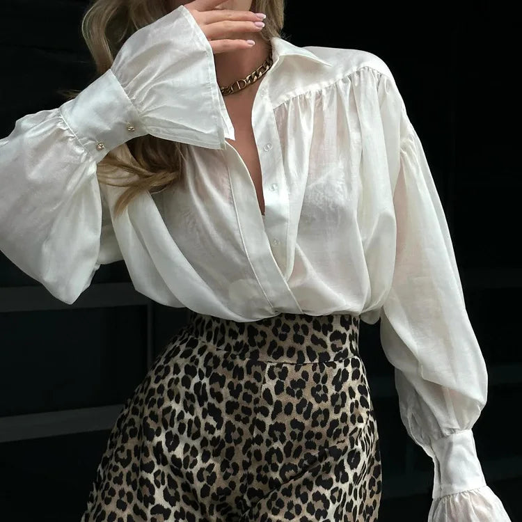 Tossy Casual Loose See-Through Shirts Women's Autumn Lapel Long Sleeve Patchwork Blouse Top Streetwear Female Solid Shirts Top
