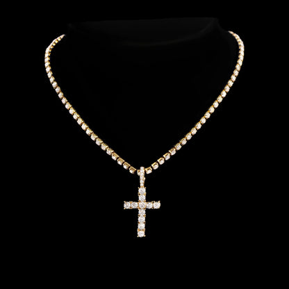 Hip Hop 2pcs Cross Tennis Chain 14MM Prong Cuban Necklace For Men Women Iced Out 2 Row Cuban Link Chain Necklaces Couple Jewelry