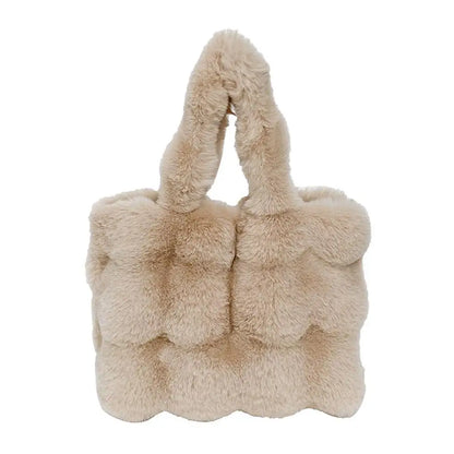Women Plush Shoulder Bag Fluffy Handbag Large Capacity Casual Commuting Bag Furry Carrying Bag Soft Shopper Bag