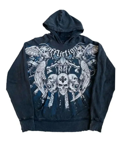 Affliction Fashion Hoodie Street Gothic Skull Oversize Zipper Hoodie Men Women Hip Hop Casual Sweatshirt Personality Hoodie Y2K