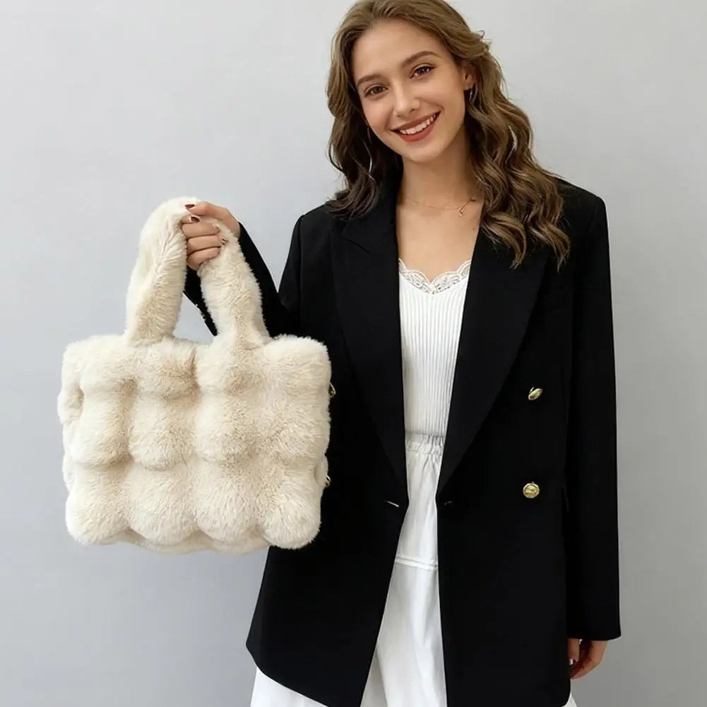 Women Plush Shoulder Bag Fluffy Handbag Large Capacity Casual Commuting Bag Furry Carrying Bag Soft Shopper Bag