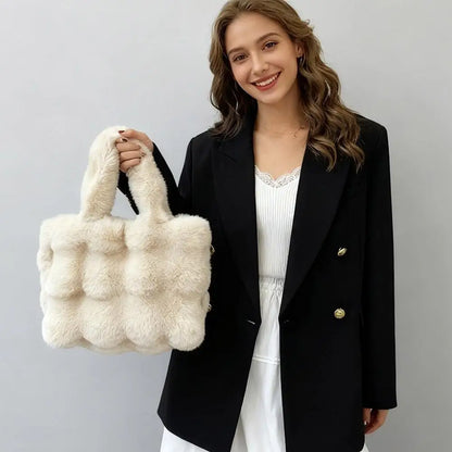 Women Plush Shoulder Bag Fluffy Handbag Large Capacity Casual Commuting Bag Furry Carrying Bag Soft Shopper Bag