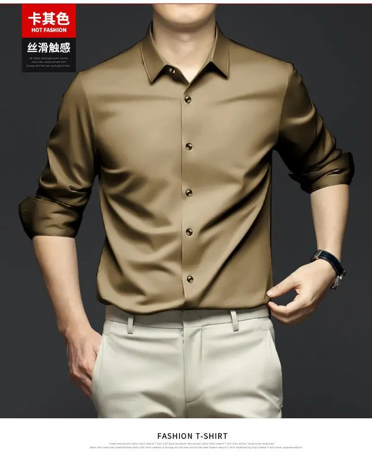 S-6XL Men's Long Sleeve Shirt Luxury Wrinkle Resistant Pure White Shirt Business Dress Casual Ice Silk Glossy Shirt