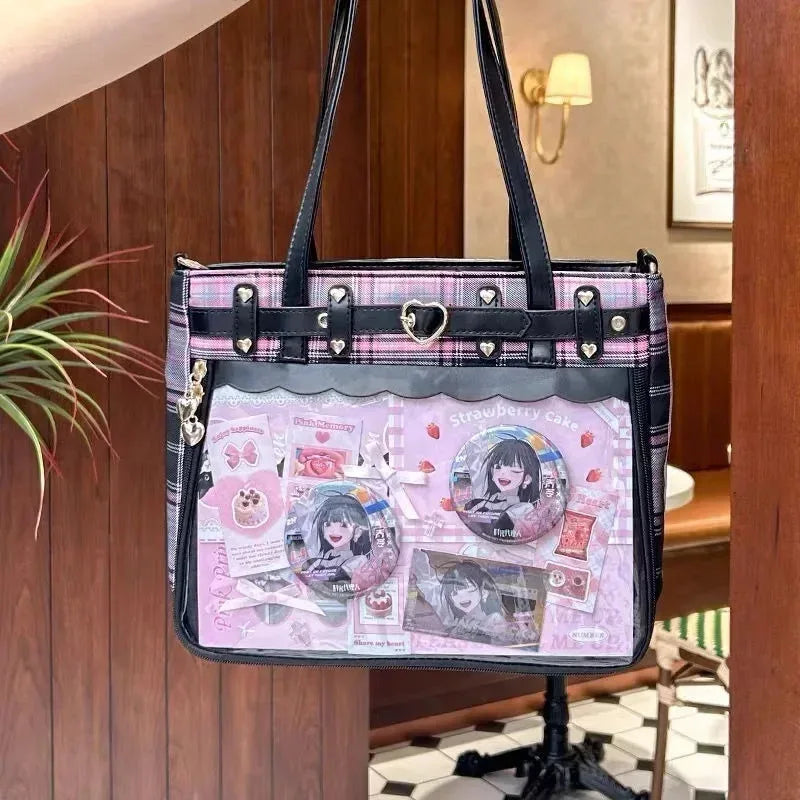 Women Fashion Checkered Pattern Retro Ita Bag Cute Girl Transparent Large Capacity Tote Bag DIY Display Handbag New Shoulder Bag
