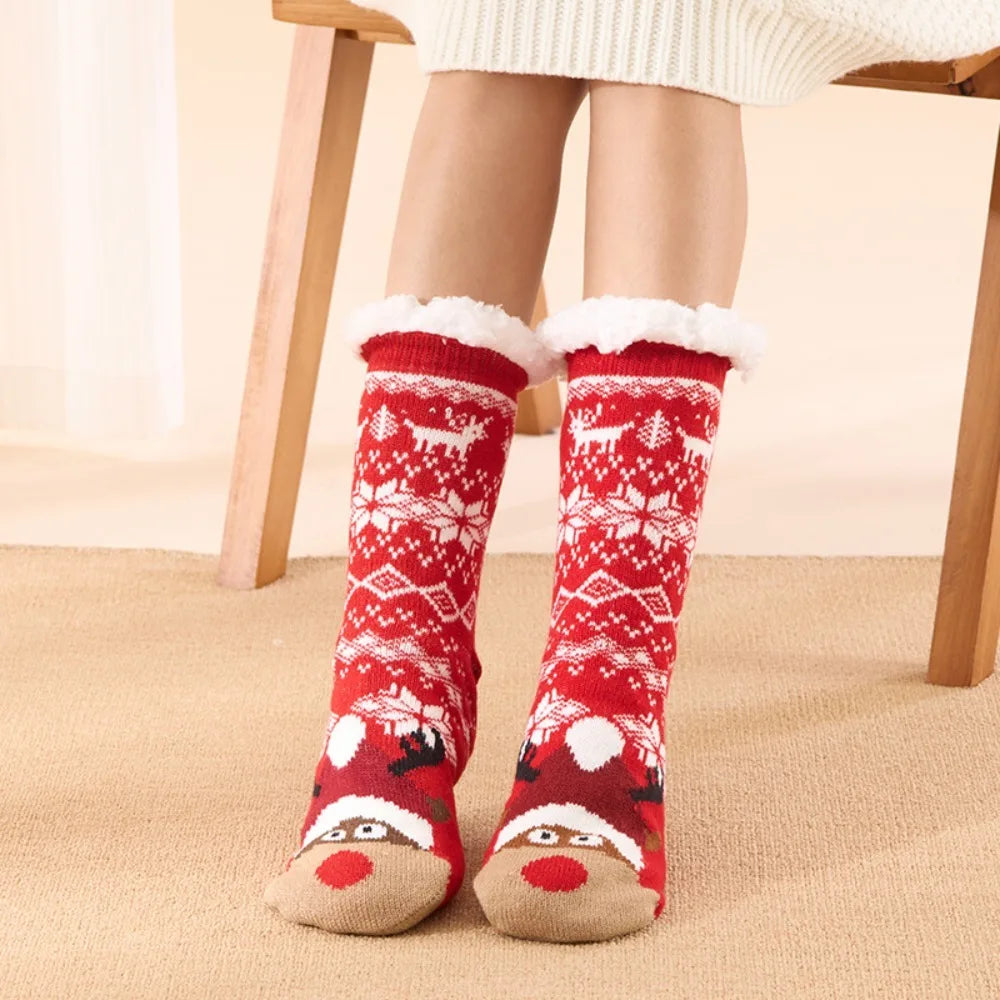 Christmas Fluffy Slipper Socks for Women Cartoon Reindeer Pattern Winter Warm Thick Fleece Lined Non Slip Cosy Long Socks Gift
