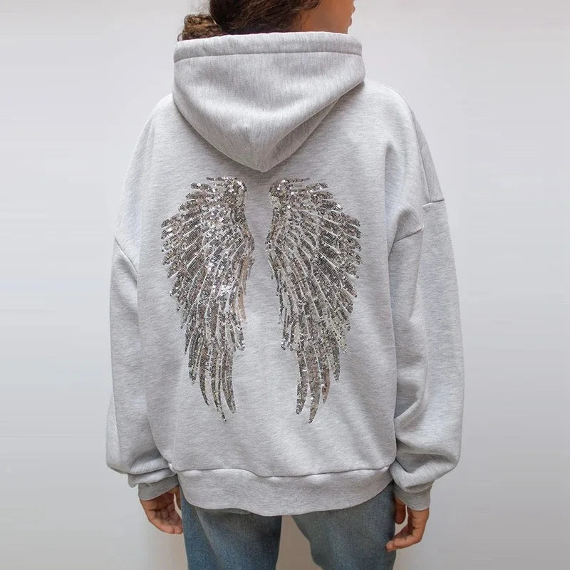 Fashion Wings Beads Sweathirts Women Oversized Hoodies Fleece Lining Sequined Casual Pullover Top Y2K Clothes Lady Outfits 2026