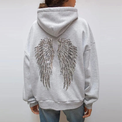 Fashion Wings Beads Sweathirts Women Oversized Hoodies Fleece Lining Sequined Casual Pullover Top Y2K Clothes Lady Outfits 2026