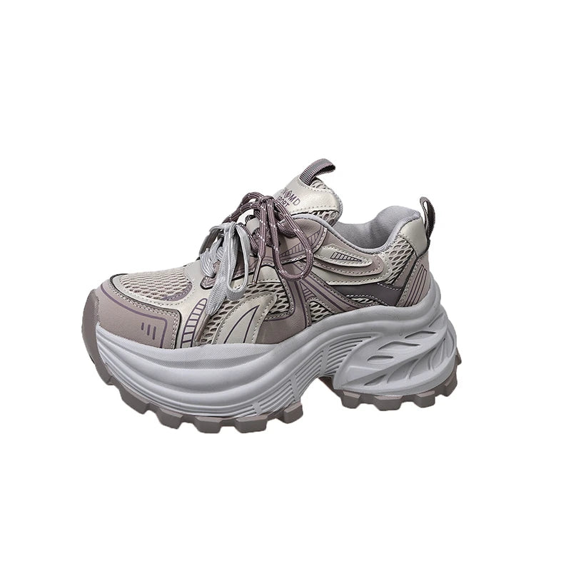 8.5CM Mesh Microfiber Leather Casual Shoes New 2026 Spring Women Chunky Sneakers High Platform Outdoor Sports Dad Shoes Woman