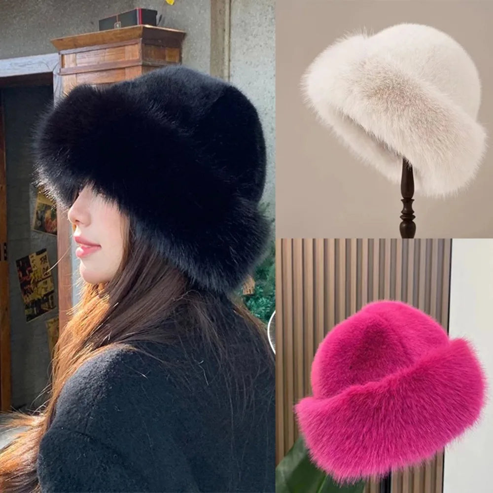 Women's Fluffy Fur Bucket Hat Plush Winter Fisherman Cap Warm Thick Hat for Snowy Days Christmas Gifts