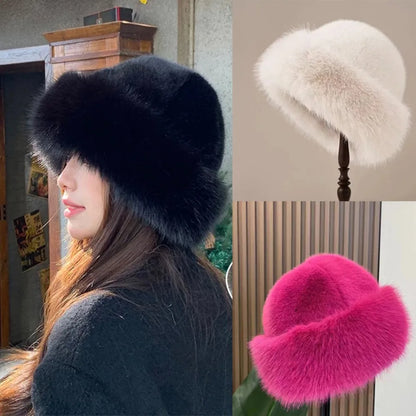 Women's Fluffy Fur Bucket Hat Plush Winter Fisherman Cap Warm Thick Hat for Snowy Days Christmas Gifts