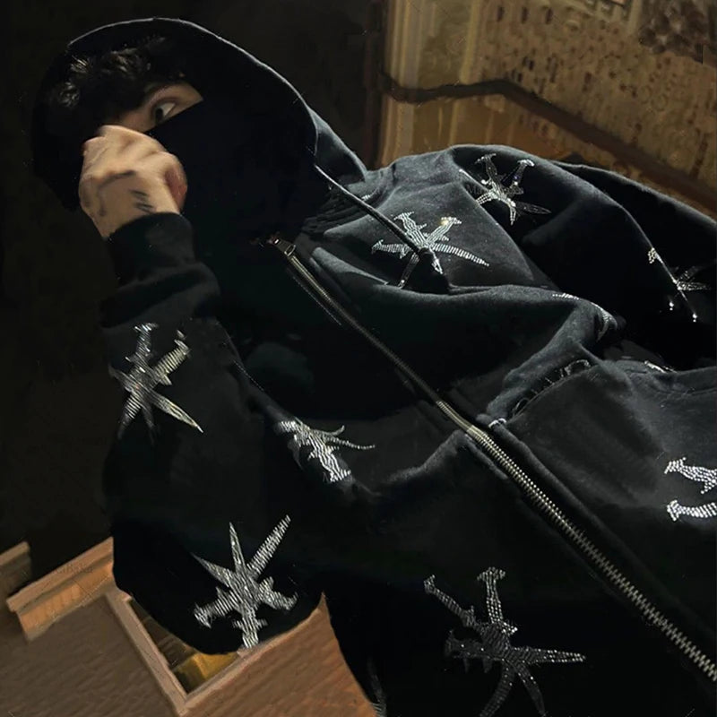 Gothic Long Sleeve Rhinestone Skeleton Hoodie Y2k Jacket Men Hoodies Oversized Full Zip Hoodie Goth Sweatshirt Sport Coat Autumn