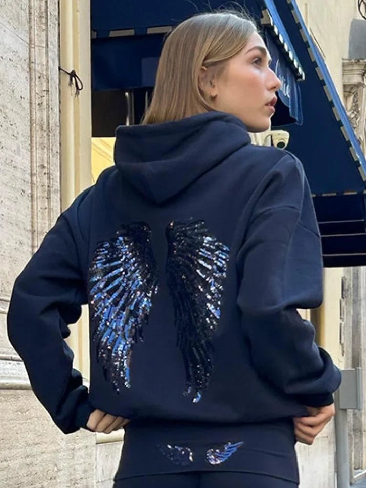 Women's Shinny Sequin Angel Wings Hooded Jacket Pant Long Sleeve Loose Casual Hooded Pullover 2025 New Lady Y2K Autumn Outwears