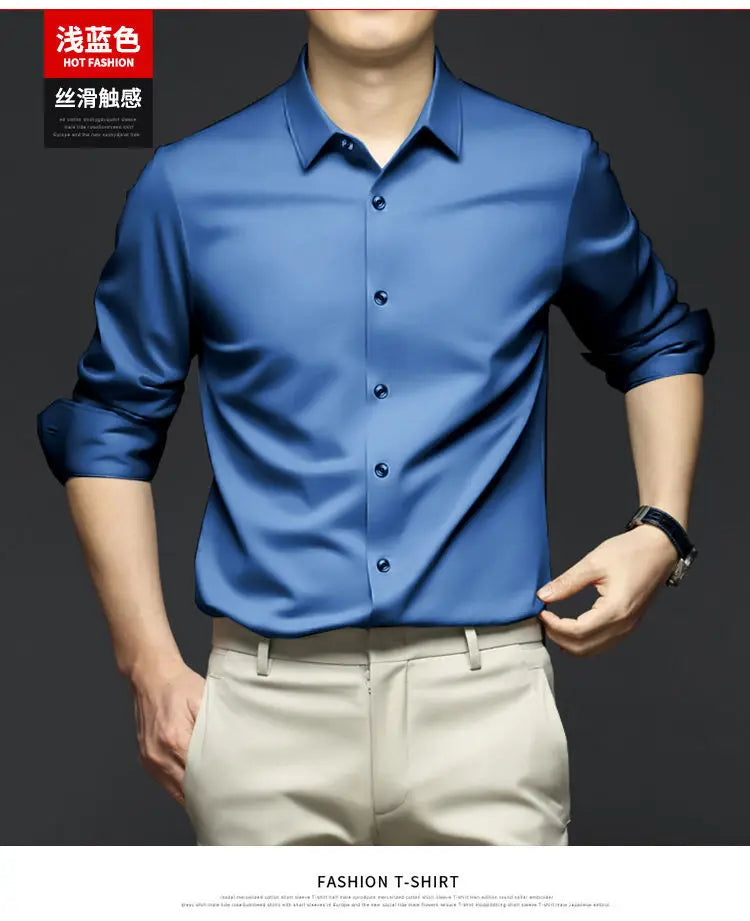 S-6XL Men's Long Sleeve Shirt Luxury Wrinkle Resistant Pure White Shirt Business Dress Casual Ice Silk Glossy Shirt