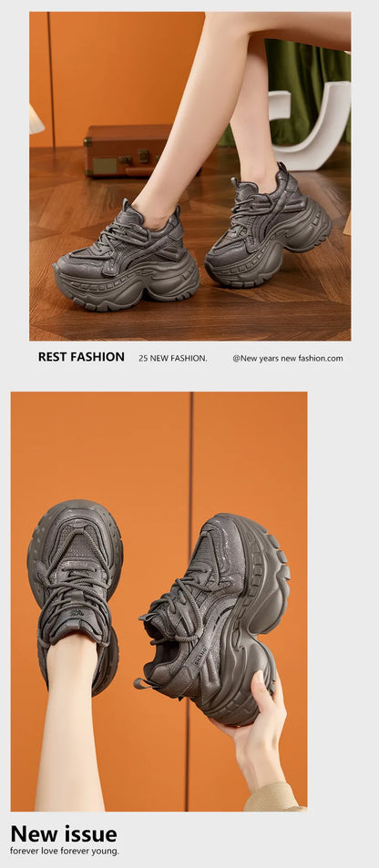 9cm Genuine Leather Chunky Sneakers for Women Fashion Sneakers Walking Shoes Platform Heel Sneakers Women Casual Shoes