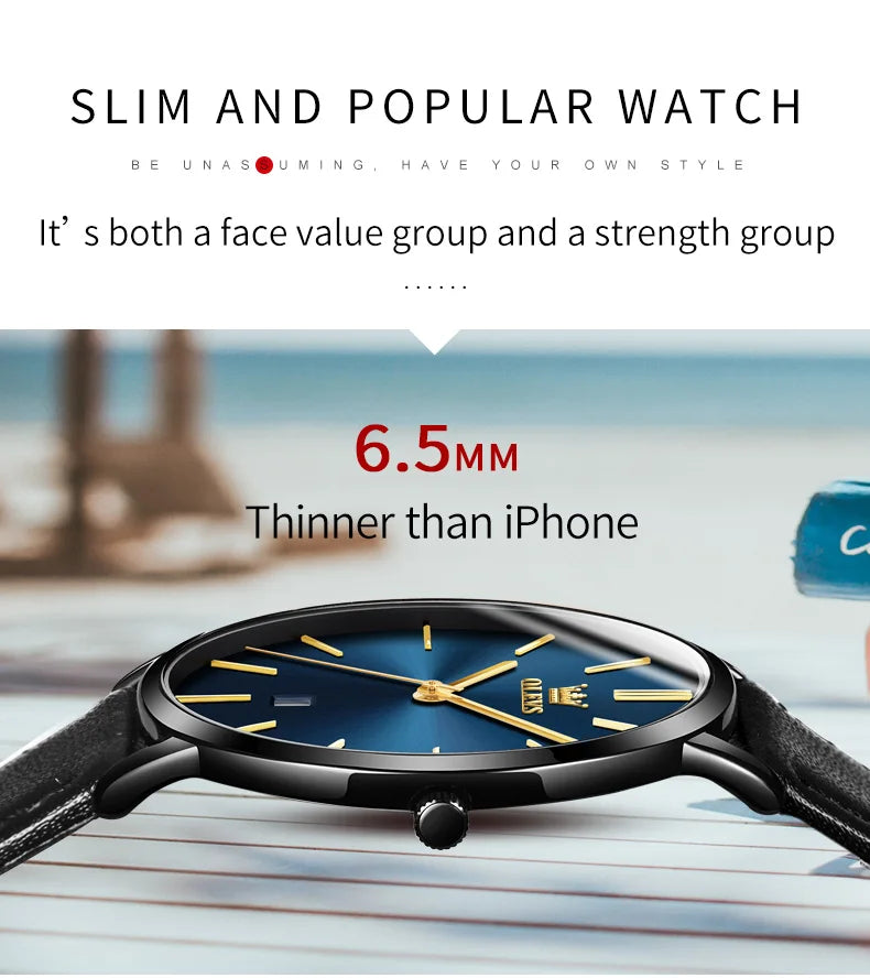 Top Brand OLEVS Ultra Thin 6.5mm Minimalist Fashion Quartz Watch for Men Leather Strap Auto Date Male Waterproof Mens Wristwatch