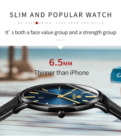 Top Brand OLEVS Ultra Thin 6.5mm Minimalist Fashion Quartz Watch for Men Leather Strap Auto Date Male Waterproof Mens Wristwatch