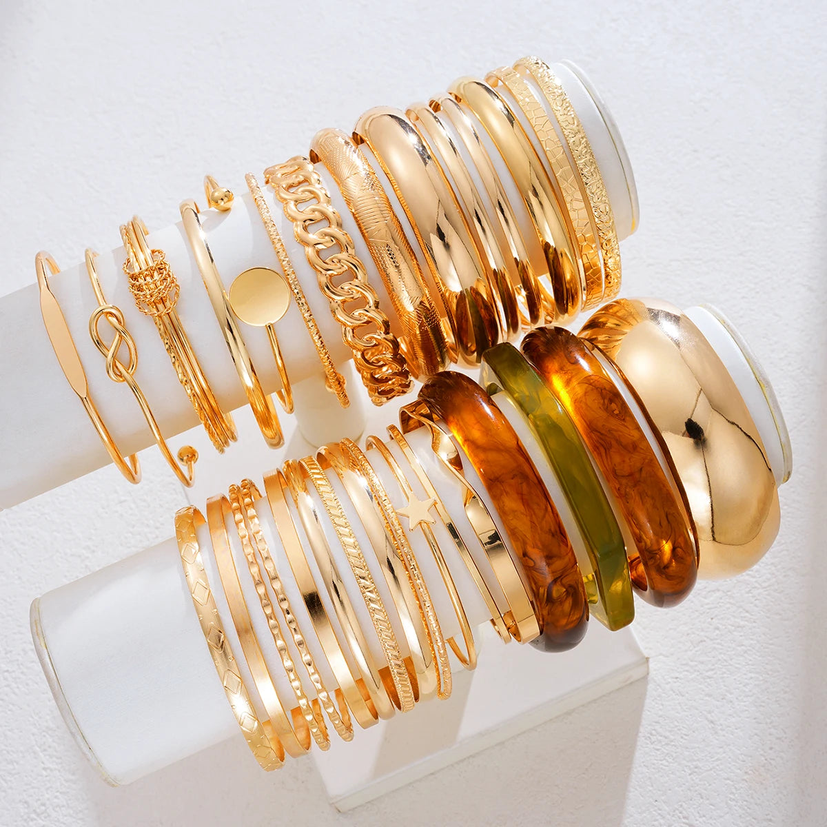 Fashion Minimalist Elegant Metal Textured Resin Cuff Bangle Bracelet Set Boho Adjustable Layered Wristband Daily Party Jewelry