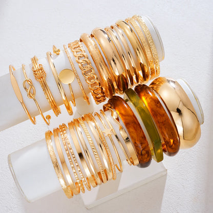 Fashion Minimalist Elegant Metal Textured Resin Cuff Bangle Bracelet Set Boho Adjustable Layered Wristband Daily Party Jewelry