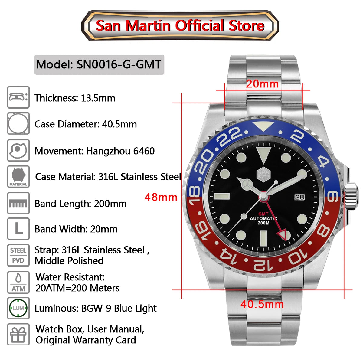 San Martin Luxury GMT Hangzhou 6460 Men Automatic Mechanical Watch Business Sports Waterproof 200m Sapphire Full Luminous SN0016