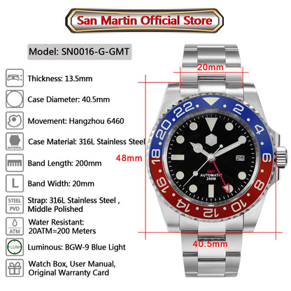 San Martin Luxury GMT Hangzhou 6460 Men Automatic Mechanical Watch Business Sports Waterproof 200m Sapphire Full Luminous SN0016
